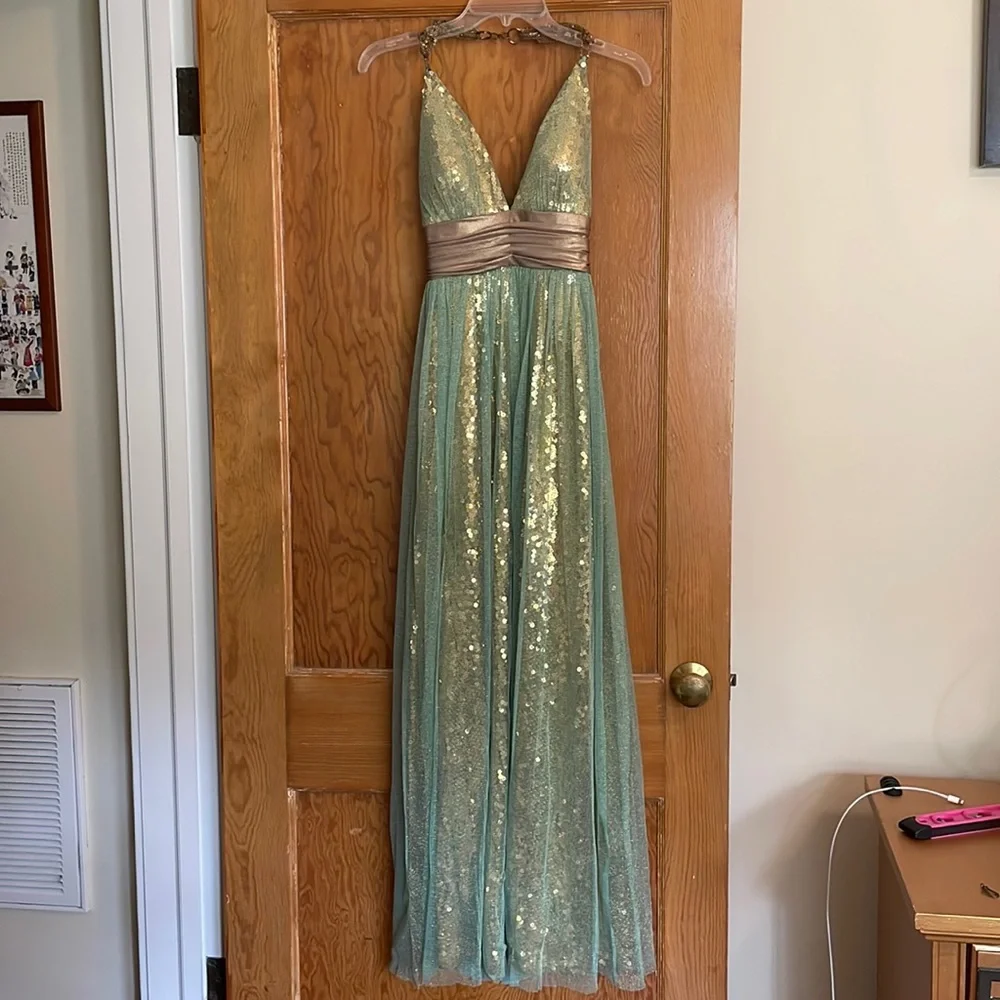 Long, gold sequin dress with teal overlay - Picture 1 of 7